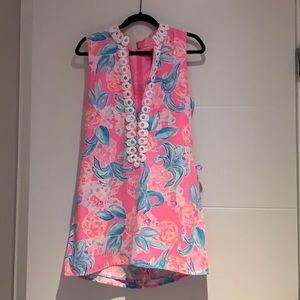 Lilly Pulitzer Pink and Blue Romper Dress with Side Ties and Gold Zipper- Size 8
